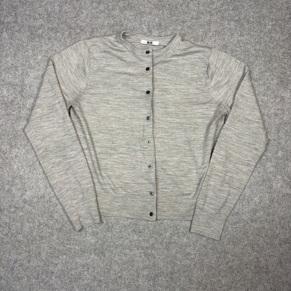 Uniqlo Extra Fine Merino Wool Cardigan Sweater Gray Crew Neck Womens Medium